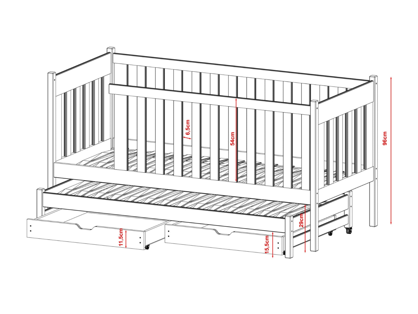 Kaja barneseng med gjesteseng og 2 skuffer