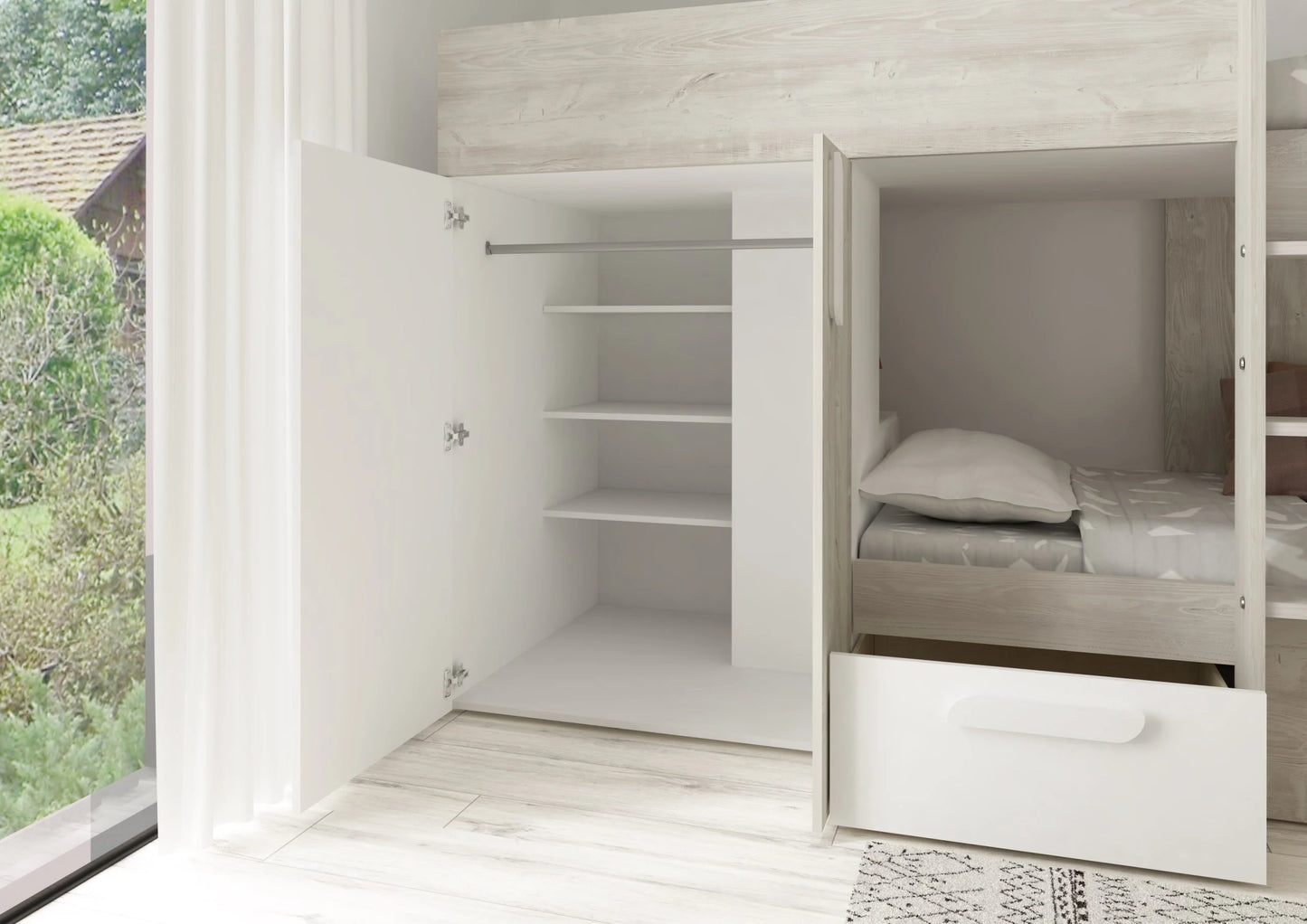 Melbourne køyeseng med skap og skuffer 90x200 - HVIT - kan speilvendes!