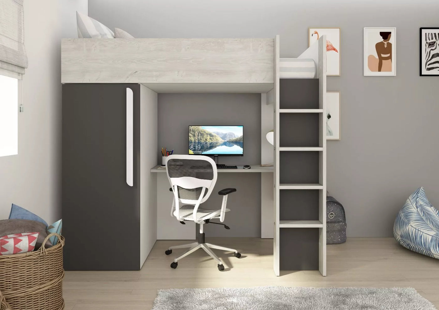 Loftseng med garderobeskap og skrivebord - Shade 90x200