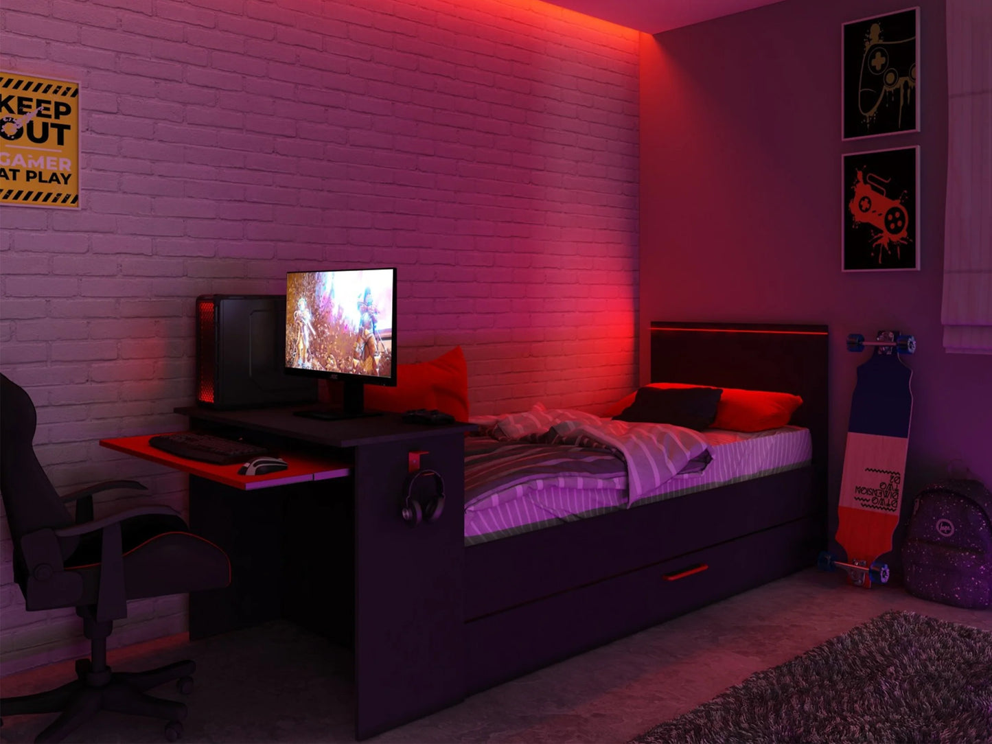 Magic gaming seng 90x200 med skrivebord og gjesteseng