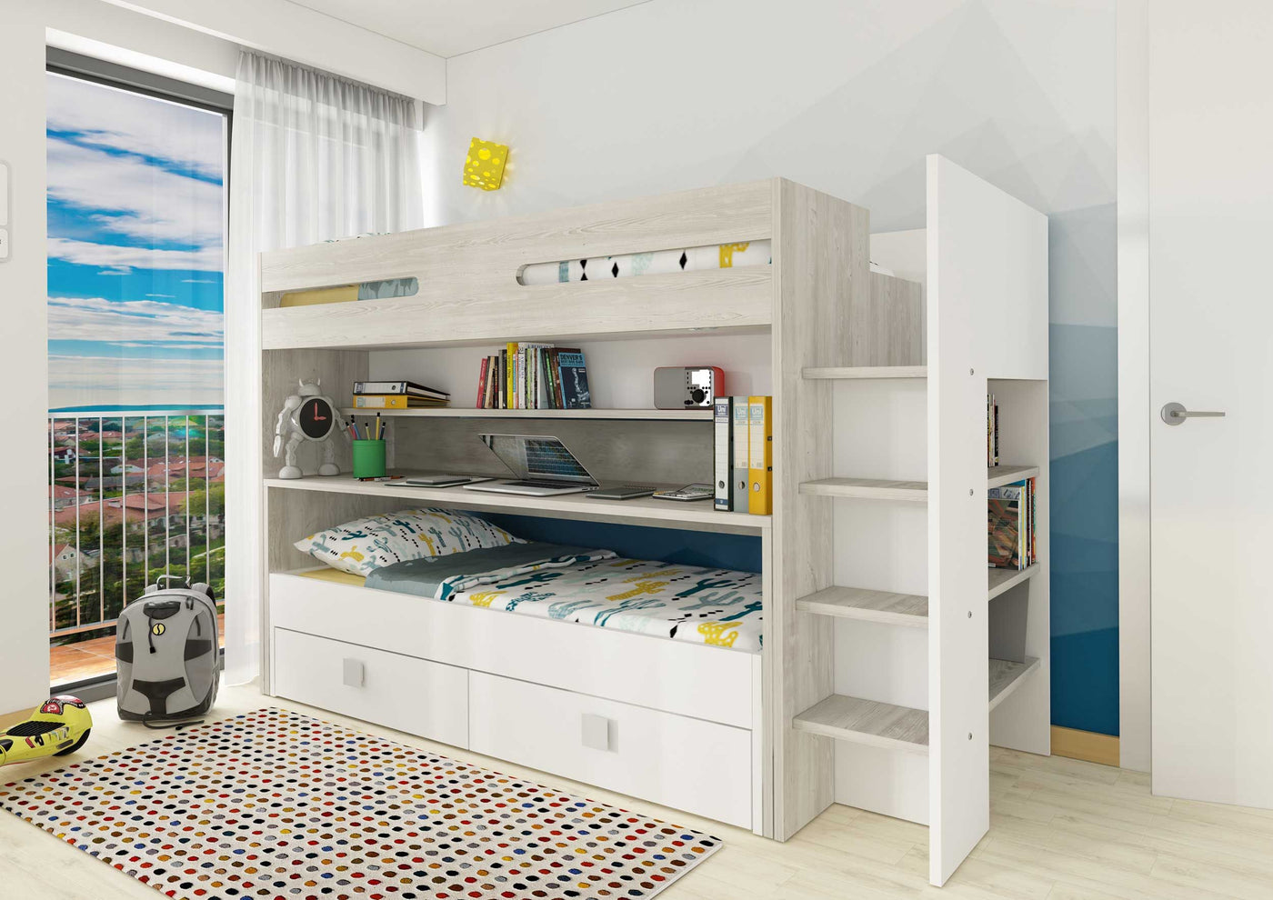 Sindre multifunksjonell loftseng med Skrivebord og Uttrekksseng - Hvit