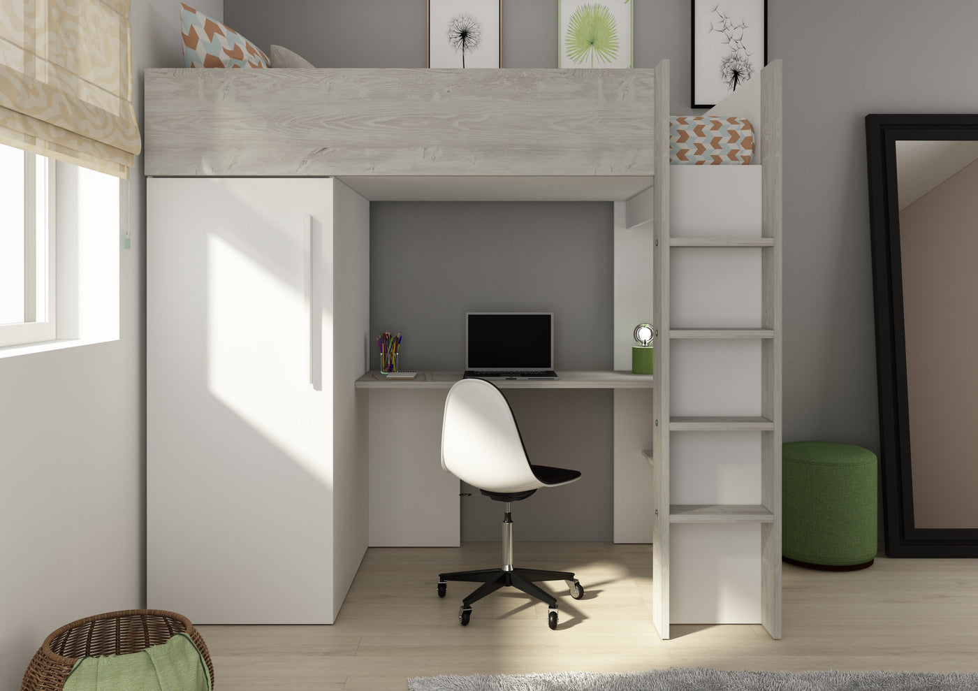 Loftseng med garderobeskap og skrivebord - Hvit 90x200