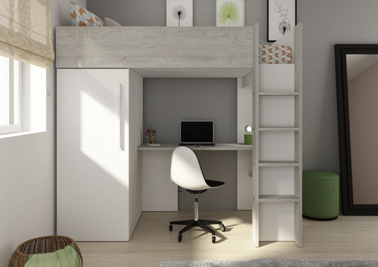 Loftseng med garderobeskap og skrivebord - Hvit 90x200