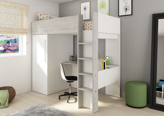 Loftseng med garderobeskap og skrivebord - Hvit 90x200
