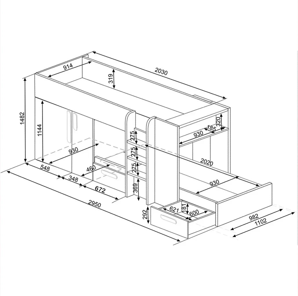Melbourne køyeseng med skap og skuffer 90x200 - Antique Pink - kan speilvendes!