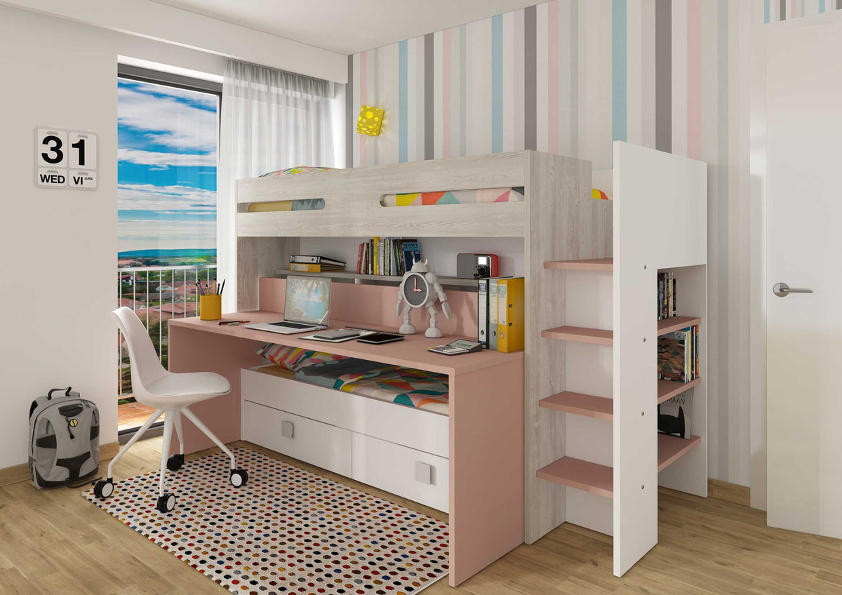 Trasman - Sindre multifunksjonell loftseng med Skrivebord og Uttrekksseng - Antique Pink - Default Title barneseng i høy kvalitet fra Sengehuset.no