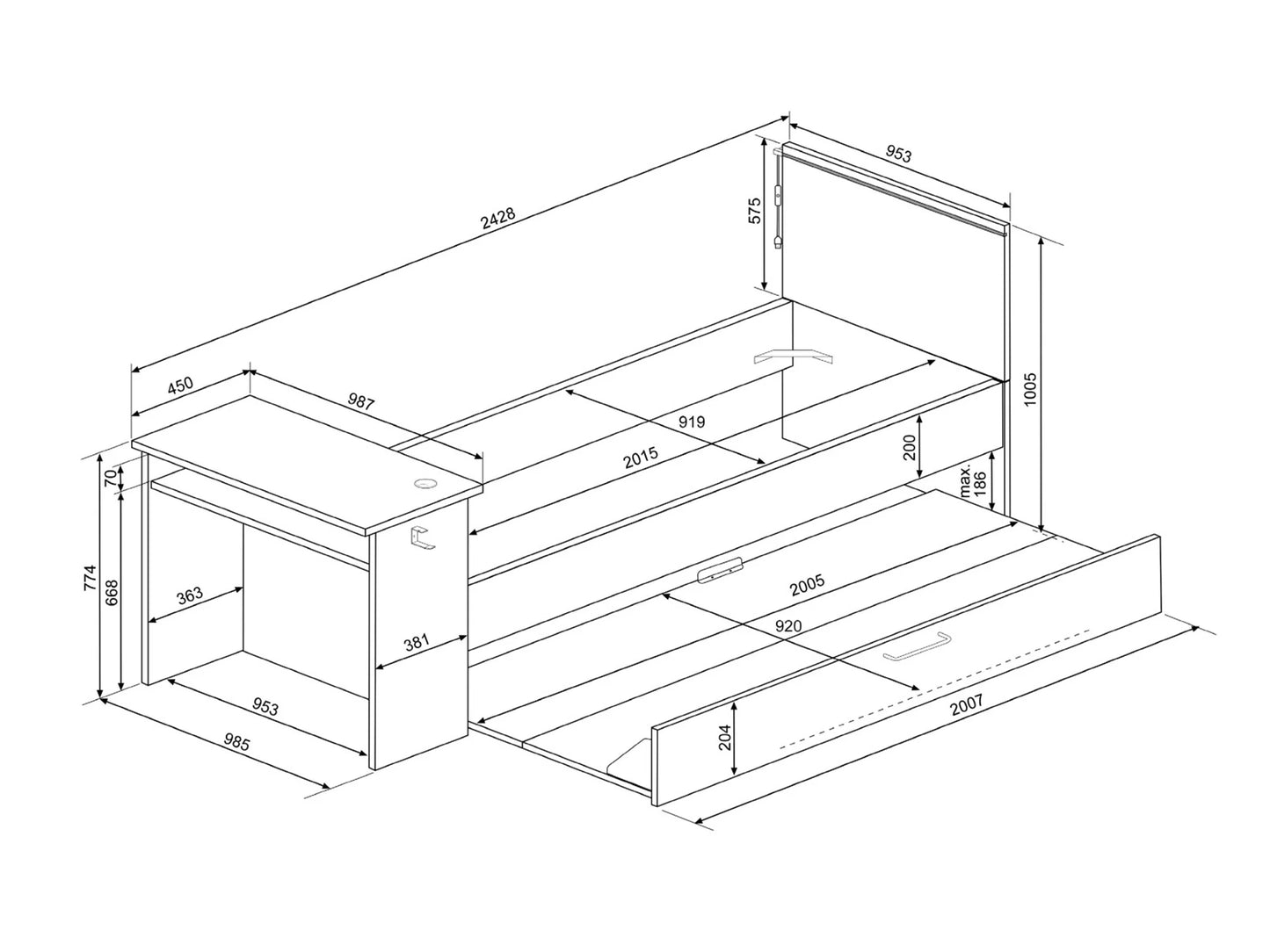 Magic gaming seng 90x200 med skrivebord og gjesteseng