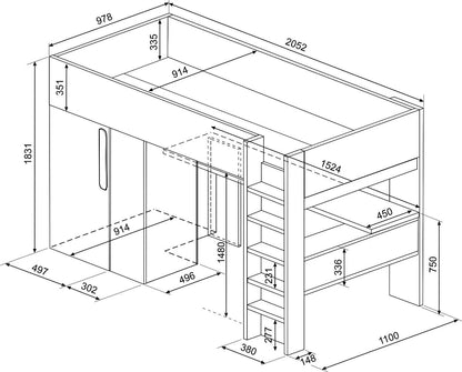 Trasman Studio Loftseng med Garderobe 90x200 - hvit