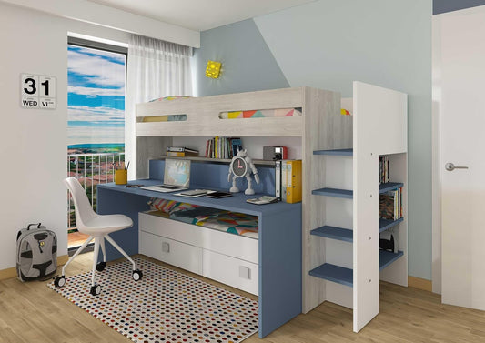 Sindre multifunksjonell loftseng med Skrivebord og Uttrekksseng - Smokey Blue