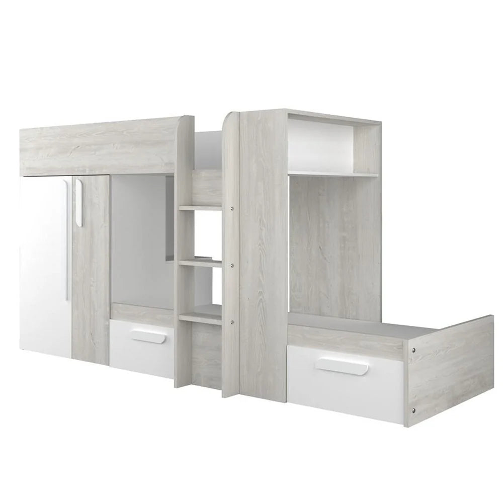 Melbourne køyeseng med skap og skuffer 90x200 - HVIT - kan speilvendes!