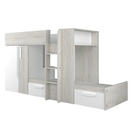 Melbourne køyeseng med skap og skuffer 90x200 - HVIT - kan speilvendes!