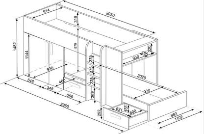 Melbourne køyeseng med skap og skuffer 90x200 - HVIT - kan speilvendes!