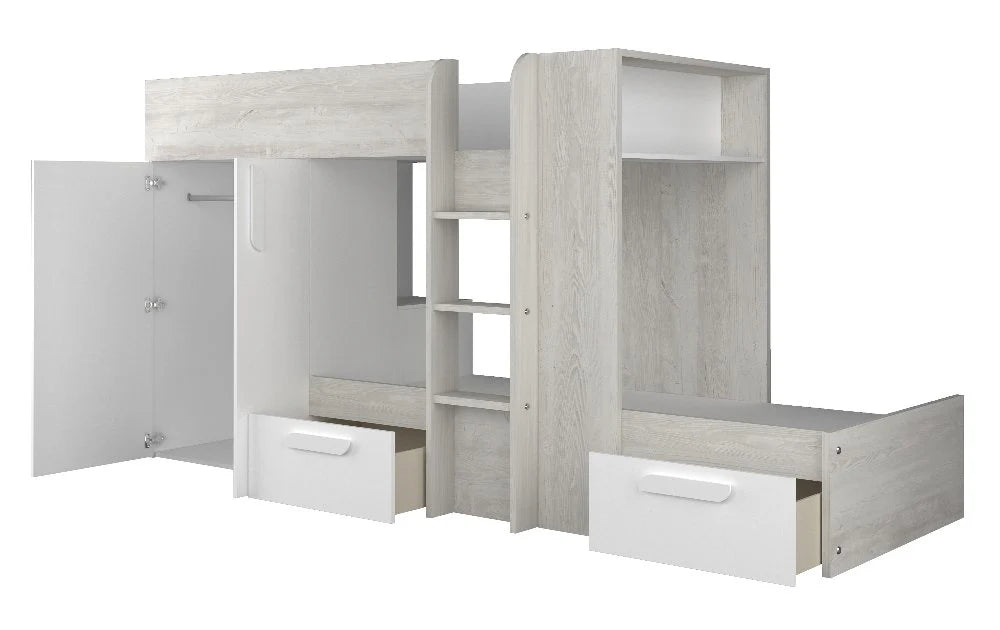 Melbourne køyeseng med skap og skuffer 90x200 - HVIT - kan speilvendes!