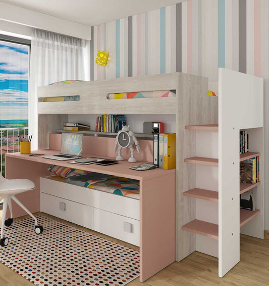 Sindre multifunksjonell loftseng med Skrivebord og Uttrekksseng - Antique Pink